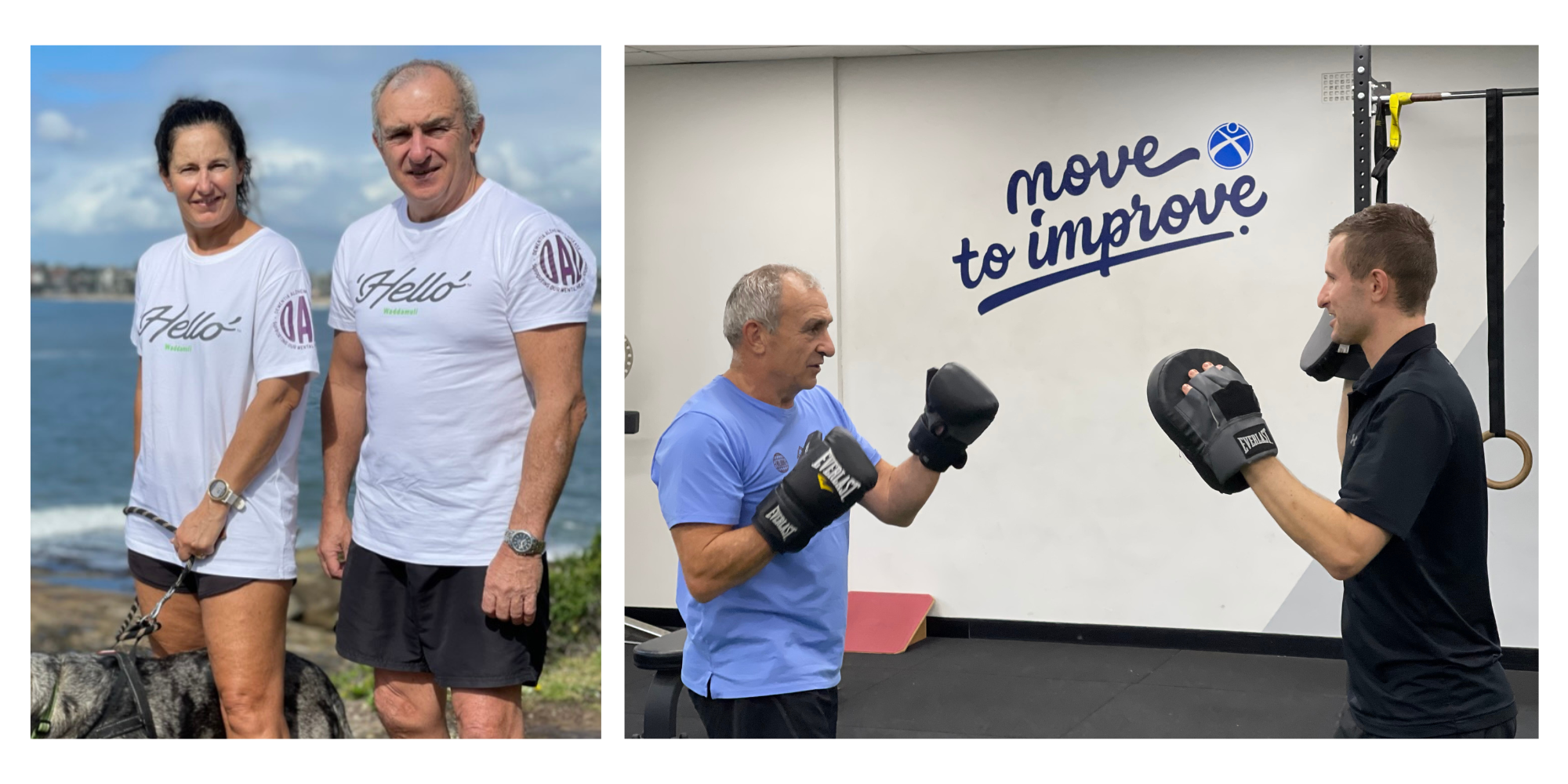 Bill Yeates walking on the beach boxing